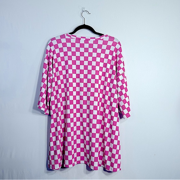 Freckled Poppy Neon Pink Checkered Pattern Ribbed Knit Short Sleeve Top Sz L - Picture 2 of 11